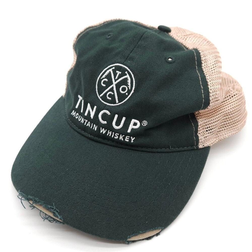 Tin Cup Mountain Whiskey Snapback Mesh Distressed Hat Ball Dad Cap Green